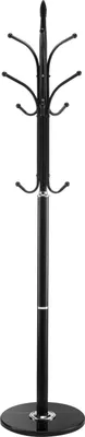A black coat rack with a round base and multiple hooks.