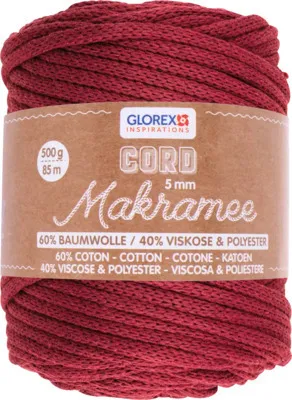 Produktbild von GLOREX Makramee Cord 5mm 500g, gewebt bordeaux, Baumwolle, Polyester, Viskose, Bordeaux, 85 m, 5 mm, 500 g, 110 mm