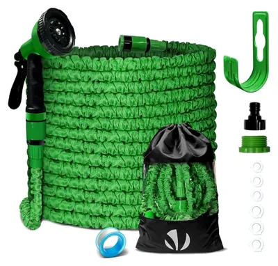 Produktbild von Flexibler Gartenschlauch 30 m, Flexibel Wasserschlauch Dehnbarer mit 10 Sprühfunktionen, 1/2 Zoll und 3/4 Zoll Schnelladaptern, Aufbewahrungstasche inklusive, Grün