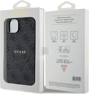 Produktbild von Guess 4G Collection Leder Metall Logo Magsafe Etui Für Iphone 15 / 14 / 13 - Schwarz