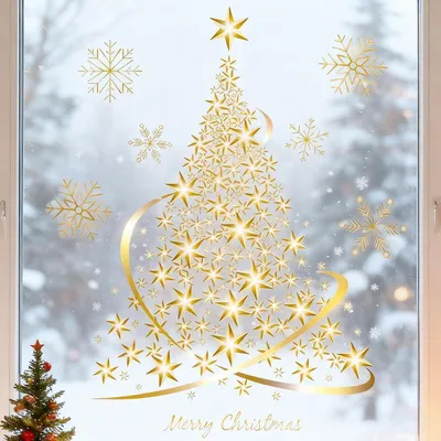 Productafbeelding van Raamdecoraties Kerstmis, gouden kerstboom, sneeuwvlokken, PVC-stickers