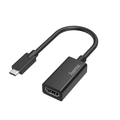 A black USB-C to HDMI adapter is shown against a white background.