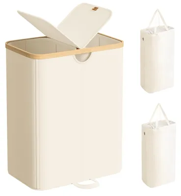 Image de SONGMICS, panier à linge à 2 compartiments, collecteur de linge, 150 litres, avec couvercle – Crème et beige naturel