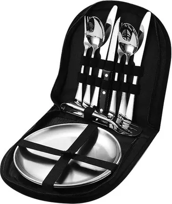Image de Set de couverts de camping portable en acier inoxydable avec sac de rangement - Couverts de pique-nique pour 2 personnes