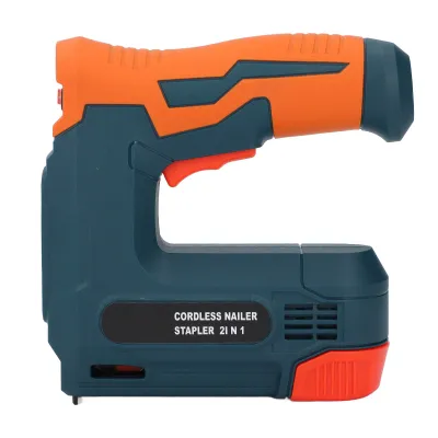 A cordless nailer stapler is shown against a white background.