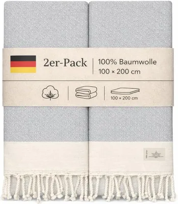 Produktbild von Hamamtuch Strandtuch, 100 x 200 cm, 2er-Set, 100% Baumwolle, für Strand