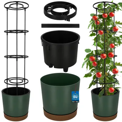 Obrázok produktu pre KOTARBAU® Kvetináč na paradajky, priemer 29 cm, kvetináč s oporou na rastliny, stojan na paradajky, výška 108 cm, robustný a odolný, plast, zelená farba