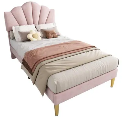 Produktbild von Polsterbett mit Lattenrost, 90x200 cm, gepolsterter Kopfteil höhenverstellbar, Bezug aus Samt, Jugendbett