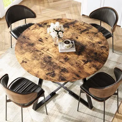 Image de Table ronde - 120 cm - Structure en métal noir - Plateau imitation bois - Style industriel
