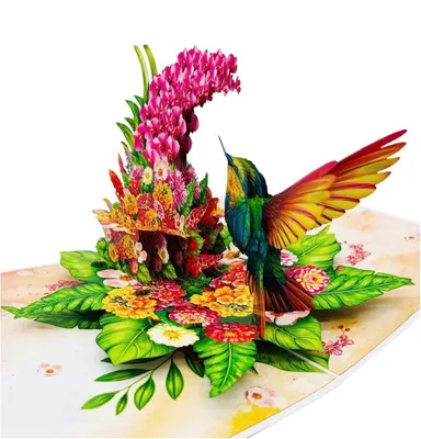 Produktbild von 3D Pop-Up Grußkarte „Kolibri & Blumen“ – 15×20 cm – farbenfrohe Klappkarte mit weißem Umschlag