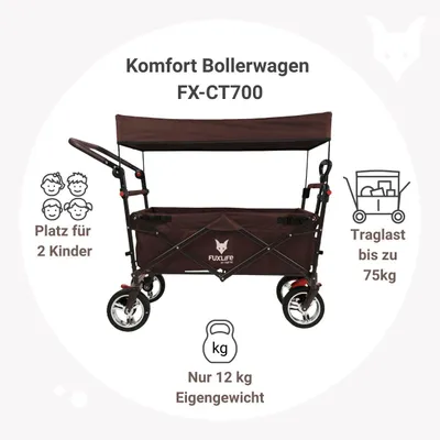 Produktbild von FUXLIFE by FUXTEC Bollerwagen faltbar FX-CT700 Braun klappbarer Handwagen für Ausflug & Alltag gepolsterter Sitzbereich mit Feststellbremsen Braun