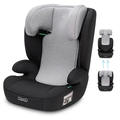 A black and grey child safety seat with a grey padded insert and headrest.