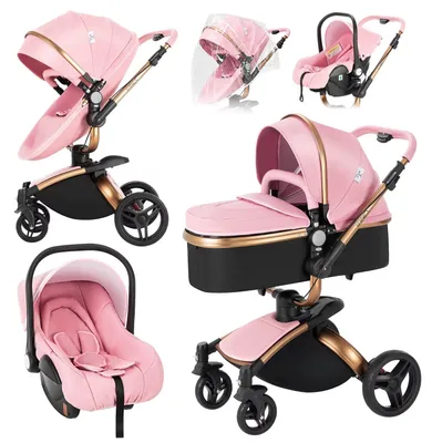 Productafbeelding van 3-in-1 kinderwagen - Reisysteem met babywieg en autostoeltje - Opvouwbaar - Compatibel met autostoeltjes - Verstelbare rugleuning - Geschikt voor kinderen tot 20 kg - Roze
