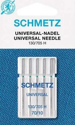 A package of Schmetz universal sewing machine needles.