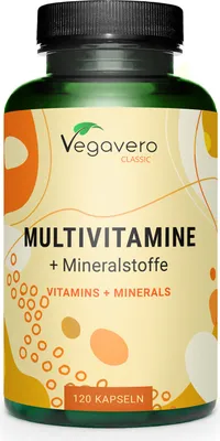 Produktbild von Vegavero Multivitamine + Mineralstoffe | 120 Kapseln | mit 17 essentiellen Vitaminen und Mineralstoffen | vegan