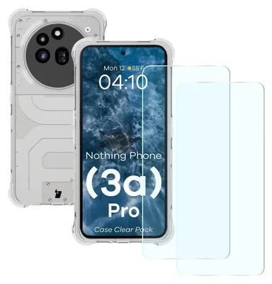 A white phone case and two screen protectors are displayed next to a smartphone.