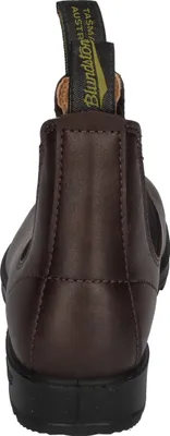 The back view of a brown leather boot.