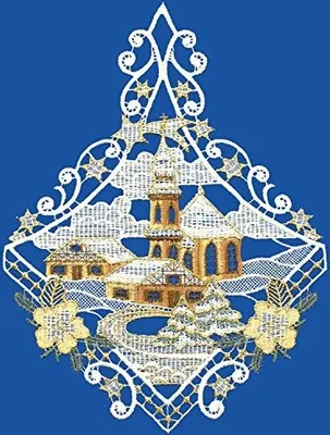 Produktbild von Fensterbild "Kirche, Winterzauber" farbig echte Plauener Spitze,  Länge 26,5 cm Fensterdeko
