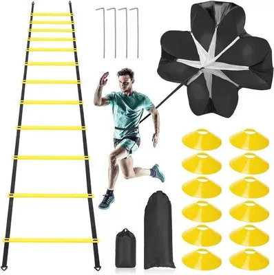 Produktbild von Famanu Trainingsset Geschwindigkeit und Beweglichkeit - Komplett mit Leiter, Kegeln, Stahlpfosten und Widerstandsfallschirm