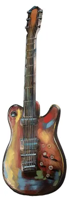 Productafbeelding van Clayre & Eef 3D-schilderij van metaal, afbeelding van een gitaar, 28x83 cm, oranje