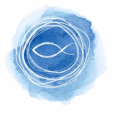 A watercolor-style image with a blue background and a white fish symbol inside a white circular scribble.