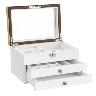 Immagine prodotto di SONGMICS Portagioie a 3 livelli, portagioie in legno, organizzatore di gioielli, portagioie, con cassetti, per anelli, orecchini, bracciali e collane, bianco