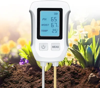 Productafbeelding van 3-in-1 bodemmeetapparaat, pH-meter voor de bodem, digitale bodentester met meetfunctie voor vochtigheid, temperatuur en luchtvochtigheid, met achtergrondverlichting, geschikt voor tuinieren, landbouw en het kweken van planten in de open lucht