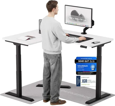 Produktbild von DESKSPACE CORNER Schreibtisch, Elektrisch höhenverstellbar, 160 x 130 x 70 cm, Weiße Tischplatte, Schwarzes Gestell