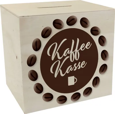 Produktbild von Kaffeekasse Spardose aus Holz zum Thema Trinkgeld als Geschenk für Frisöre