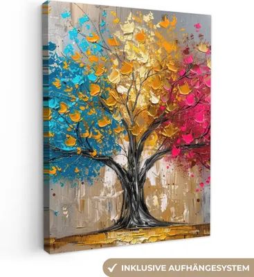 Produktbild von MuchoWow® - Leinwandbilder - Baum - Bunt - Grau - Modern, Wandbild, Wanddeko Bilder Wohnzimmer, 90x120cm