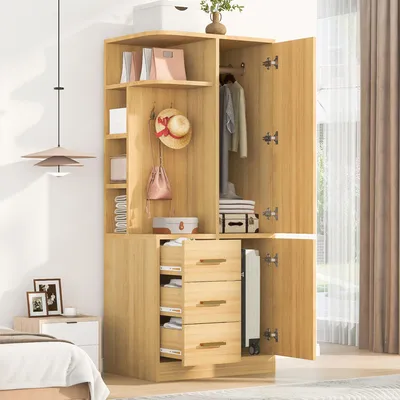 Produktbild von Flieks Eckkleiderschrank 2 türig, Kleiderschrank mit Kleiderstange und 3 Schubladen, Gaderobe mit offenen Staufächern, 70x50x170 cm, Naturbelassen