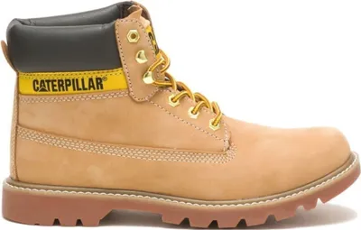 A single tan Caterpillar work boot is shown against a white background.