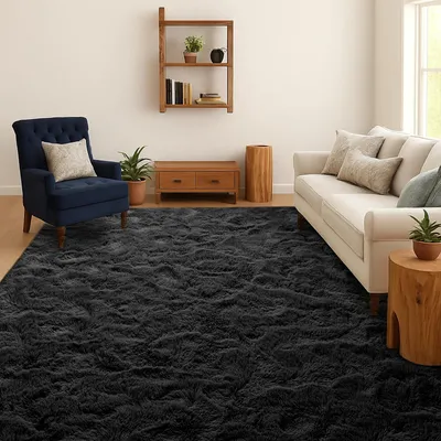 Image de Tapis de salon à poils longs 180x270cm noir - Lavable antidérapant shaggy