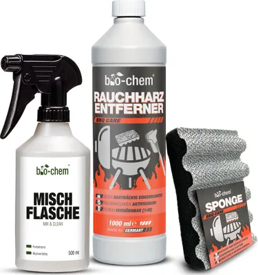 Produktbild von bio-chem Rauchharz-Entferner - 1000 ml inklusive Mischflasche und Reinigungsschwamm - Backofen- und Grillreiniger Konzentrat für Gasgrill, Edelstahl, Gusseisen - Extrem kraftvolle Formel