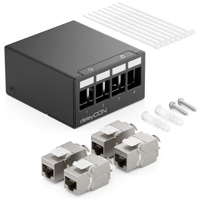 Produktbild von deleyCON 4 Port CAT7 Patchpanel Set 10 Gbit/s STP RJ45 - Schwarz