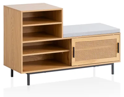 Zdjęcie produktu dla WOHNLING Ławka na buty z siedziskiem 120x75,5x40 cm Ławka do przedpokoju Dekor dębowy Ławka Rattan Mała Tapicerowana Ławka Wąski przedpokój z miejscem do przechowywania Ławka do przedpokoju