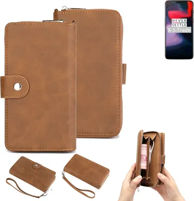 Produktbild von K-S-Trade Handyhülle Schutzhülle kompatibel mit OnePlus 6 & Portemonnee Tasche Handytasche Case Etui Geldbörse Wallet braun (1x)