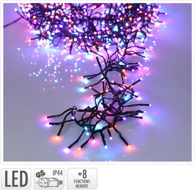 A string of colorful LED lights, likely for Christmas decoration, is shown against a light gray background.