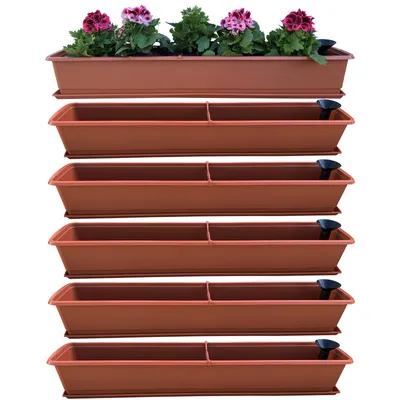 Produktbild von 6er Blumenkasten Set Balkonkasten Pflanzkasten Terracotta mit Bewässerungssystem und Balkonkasten Untersetzer 80cm