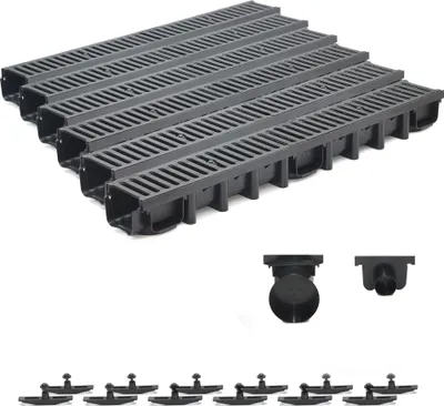 A set of black drainage channels and accessories displayed on a white background.