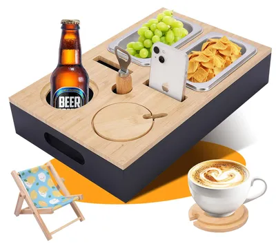 Couchbar Snackbox mit Edelstahlschalen, abnehmbarem Deckel, Getränkehalter