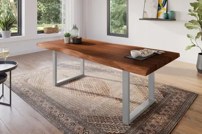 Produktbild von Esstisch 200 x 100 cm Akazie massiv nussbaum Baumkantentisch U-Gestell silber ATLAS