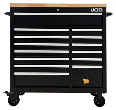 Produktbild von JCB Werkstattwagen 42TCK | 299-teilig bestück | 14 Schubladen | Holzarbeitsplatte | BOA-Stahlkorpus | Zentralschloss