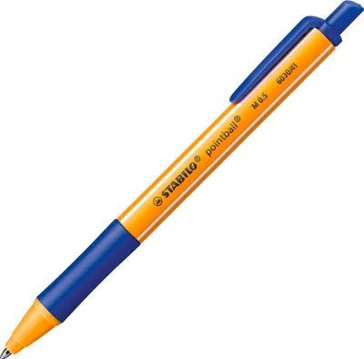 A single orange and blue pen is shown against a white background.