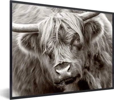 Produktbild von MuchoWow® Gerahmtes Poster Schottischer Highlander - Schwarz - Weiß - Hörner 80x60 cm - Poster mit Schwarzem Bilderrahmen Wandposter Rahmen Foto Bilder - Schwarzem - Mit Gestell