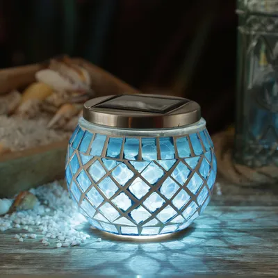Produktbild von LED Solar Windlicht - Mosaik Solarglas - kaltweiße LED - Lichtsensor - H: 9cm - für Außen - blau