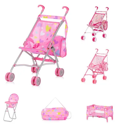 Produktbild von Chipolino Puppen-Zubehör-Set 3in1 Trixy Buggy Hochstuhl Tasche Laufstall faltbar rosa