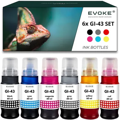 Image de Encres compatibles Evoke pour Canon GI-43 GI43, pack de 6 couleurs : noir, cyan, magenta, jaune, gris, rouge, contenance 360 ml, rendement de 22200 pages, compatibles avec les modèles PIXMA G540, G550, G640, G650