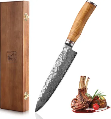 Produktbild von Zayiko Minami Damast Guyto Chefmesser 20 cm Klinge I Olivenholzgriff I Holzbox