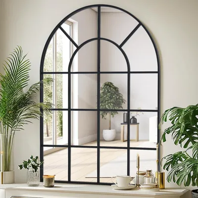Immagine prodotto di Specchio da parete a forma di arco, 75 x 100 cm, con cornice in alluminio nero, adatto per interni ed esterni